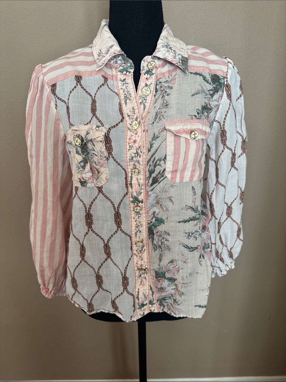 Mixed-Print Pink & White Women's Button-Front Blouse